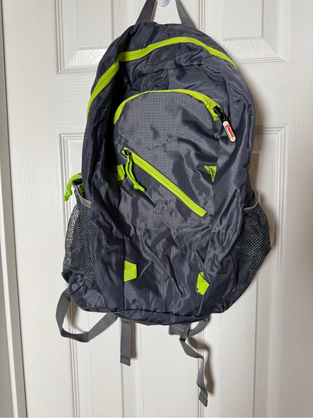Costco Packable Backpack Lightweight Foldable Grey & Neon Green Lime